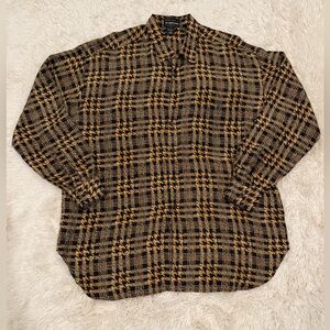 Vintage The Sharper Image Men’s 100% Silk Button Up Shirt XL Black Gold Plaid